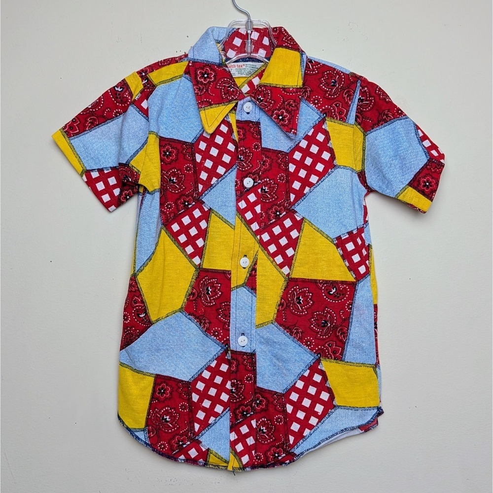 Vintage Health-tex 70s All Over Country Print Picnic Patchwork Button Up Boys‎ 7